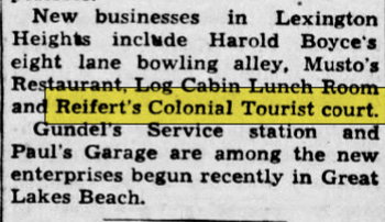 Lakewinds Motel (Lake Winds Motel, Reiferts Colonial Tourist Court)) - Jun 23 1948 Article (newer photo)